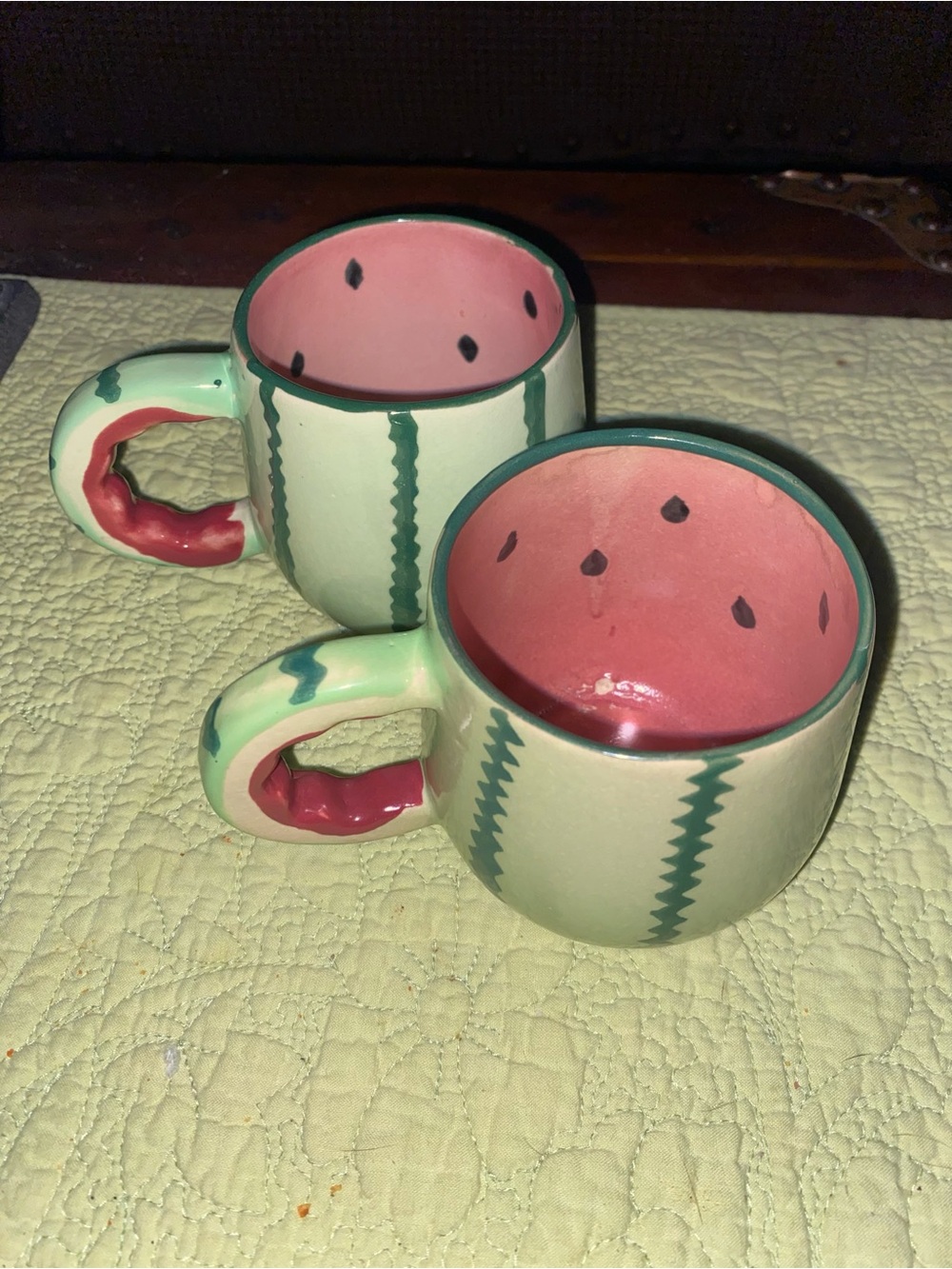 Vintage Ceramic Watermelon Mug Green with Dark Green Stripes Red Inside.  (2)
